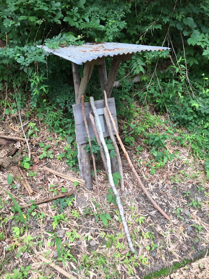 Rustic shelter with wooden walking sticks under metal roof