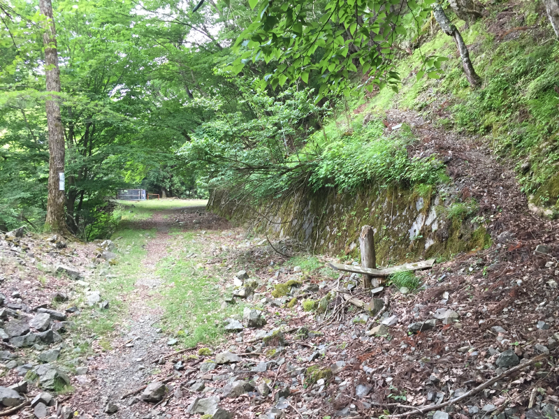 Rocky path skirting a mossy stone wall, a small marker post and a structure just visible at the end