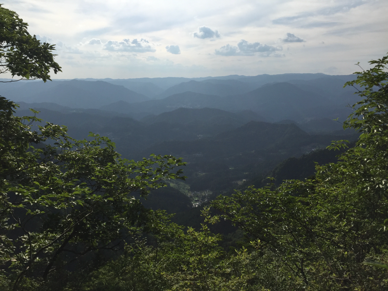 Hazy ridges receding into the distance with a small village in the valley below, framed by foliage