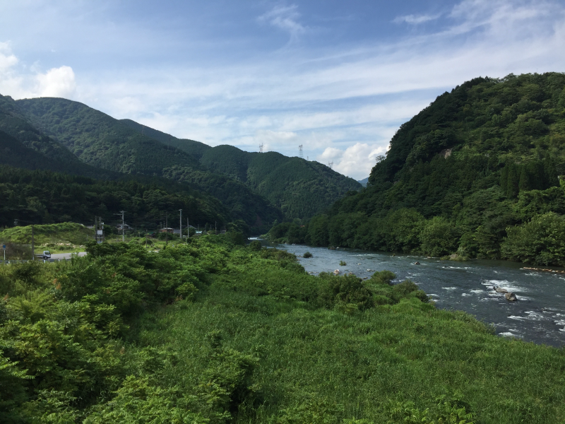River flowing through green valley with forested mountains