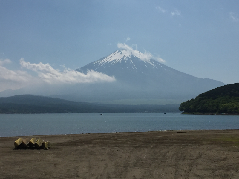 Mt. Fuji across lake from sandy beach