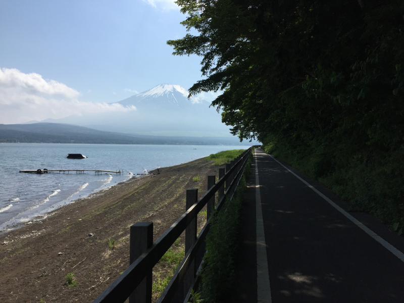 Bike path along lake with Mt. Fuji view