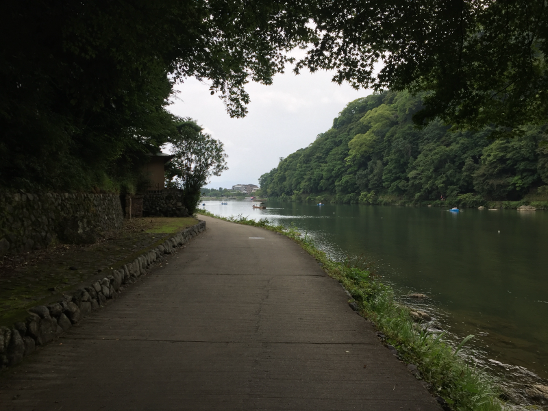 Paved riverside path under overhanging branches, broad calm river to the right