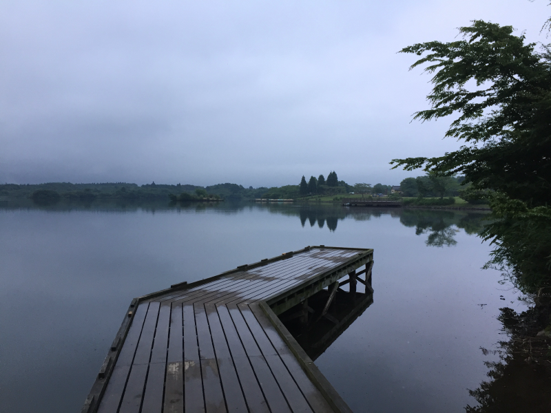 Wooden dock extending into calm lake on overcast day