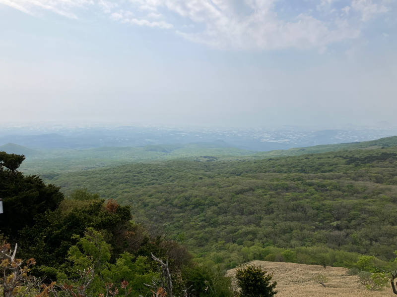 Hazy view over rolling forested hills from mountain