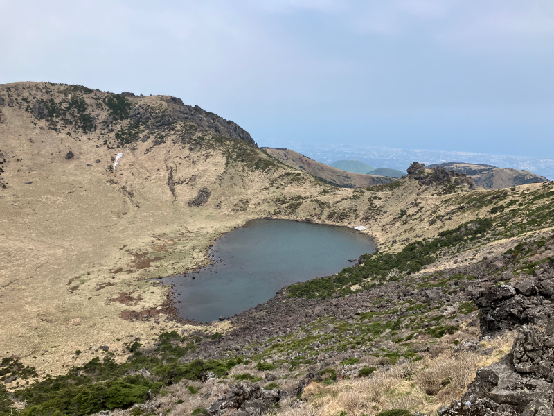 Hallasan crater with small dark lake inside