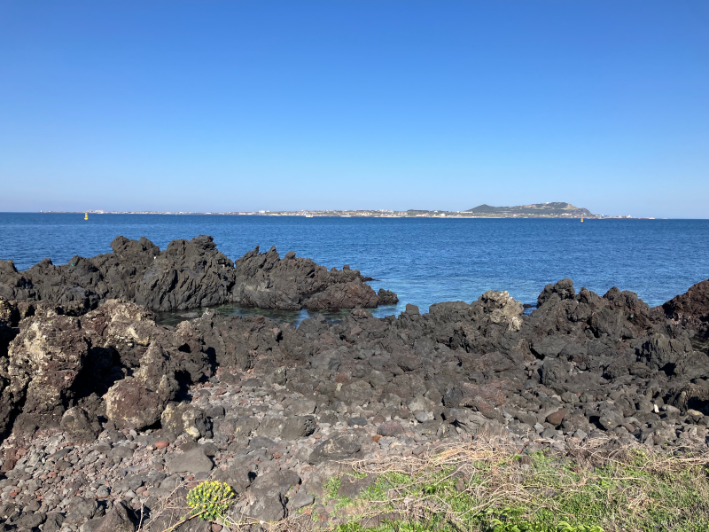 Jagged black lava rocks along coast with distant island