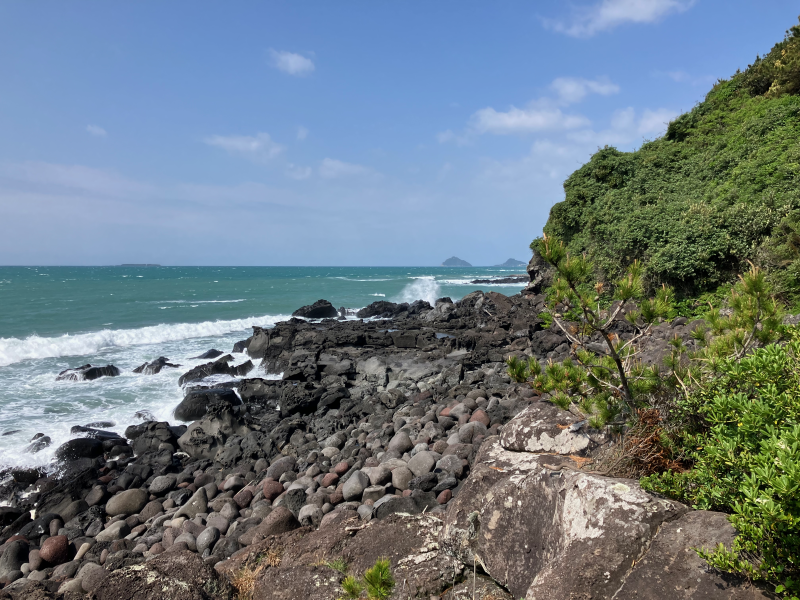 Black volcanic rocks, cobbled beach, waves and green hillside