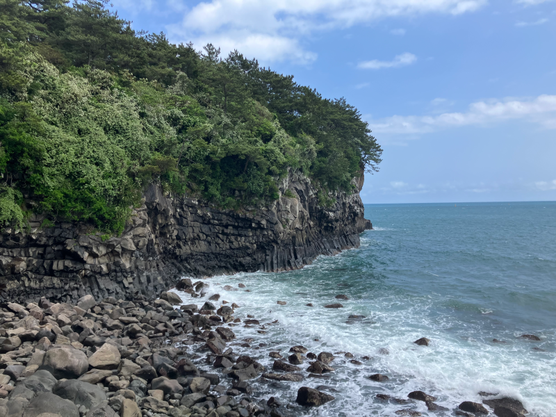 Columnar basalt cliffs with waves crashing on boulder shore