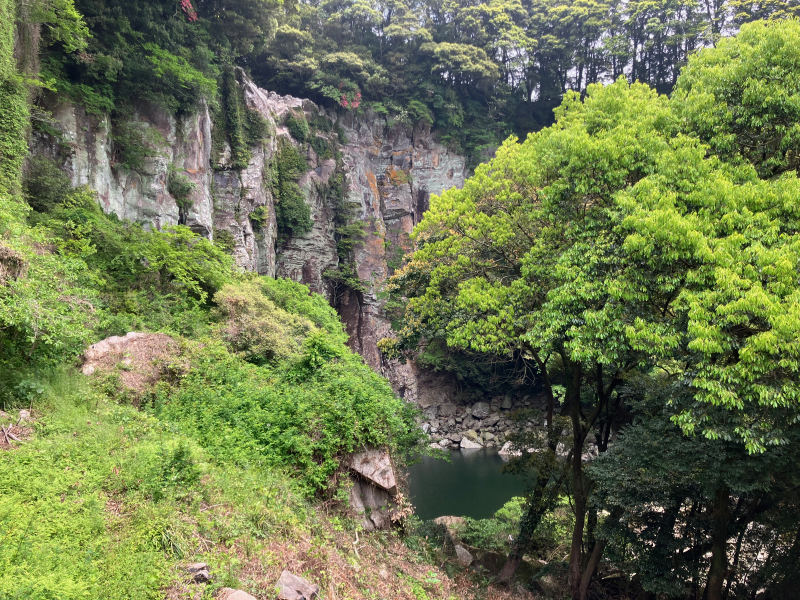 Steep rocky gorge walls with pond below and leaning tree