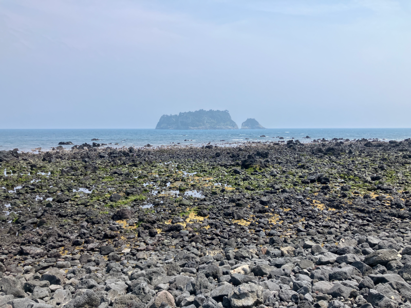 Black volcanic rocky shoreline with small islet across hazy sea