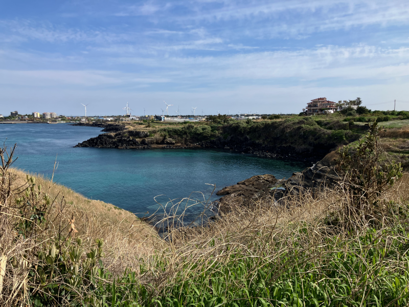 Coastal inlet with distant village and fields beyond